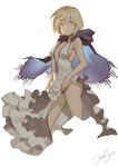  assassin_(granblue_fantasy) blonde_hair breasts brown_eyes cancer_(zjcconan) cape cleavage djeeta_(granblue_fantasy) dress granblue_fantasy medium_breasts short_hair simple_background solo white_background 