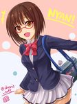  brown_hair fang glasses green_eyes haura_akitoshi idolmaster idolmaster_cinderella_girls looking_at_viewer maekawa_miku nyan open_mouth school_uniform short_hair skirt smile solo thighhighs twitter_username 