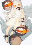  absurdres ahoge barefoot commentary_request dress fe_(sakura) highres horns kantai_collection long_hair mittens northern_ocean_hime pale_skin red_eyes shinkaisei-kan simple_background sleeveless sleeveless_dress solo toenail_polish white_background white_dress white_hair white_skin 