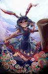  ahoge animal_ears blood blood_stain blue_hair bunny_ears dress ear_clip flower highres kine looking_at_viewer mallet pointing pointing_at_self red_eyes seiran_(touhou) short_sleeves smile solo tamago_tyoko_(ijen0703) touhou 