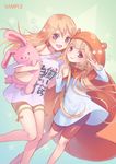  :d animal_costume bangs blonde_hair blunt_bangs brown_eyes clothes_writing cosplay costume_switch crossover doma_umaru futaba_anzu hamster_costume himouto!_umaru-chan holding_hands hood idolmaster idolmaster_cinderella_girls interlocked_fingers karesuki long_hair looking_at_viewer multiple_girls off_shoulder open_mouth shirt smile star starry_background stuffed_animal stuffed_bunny stuffed_toy t-shirt thigh_strap trait_connection twintails v you_work_you_lose 