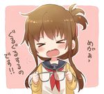  &gt;_&lt; anchor_symbol brown_hair closed_eyes commentary_request flying_sweatdrops folded_ponytail glasses inazuma_(kantai_collection) kantai_collection long_hair long_sleeves motohara_moka neckerchief open_mouth ponytail school_uniform serafuku solo translation_request wavy_mouth 