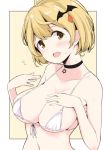  1girl bare_shoulders bat_hair_ornament bikini black_choker blonde_hair blush breasts choker cleavage collarbone commentary fang hair_ornament hololive kichihachi large_breasts looking_at_viewer micro_bikini midriff navel open_mouth short_hair simple_background smile solo swimsuit upper_body virtual_youtuber yellow_eyes yozora_mel 