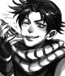  bad_id bad_pixiv_id fingerless_gloves food gloves greyscale holding_pizza jojo_no_kimyou_na_bouken joseph_joestar_(young) male_focus monochrome pizza rin2010 scarf slice_of_pizza solo 
