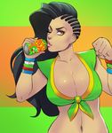  ;) asymmetrical_hair black_hair blanka bracelet breasts brown_eyes cameo cleavage clenched_hand commentary cornrows crop_top dark_skin front-tie_top greenmarine highres jewelry large_breasts laura_matsuda lips long_hair midriff navel nose one_eye_closed smile solo street_fighter street_fighter_v wavy_hair 
