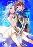  1girl aqua_eyes aqua_hair armor bad_id bad_pixiv_id blue_sky brown_eyes brown_hair choker copyright_name day dress floating_hair gauntlets gran_(granblue_fantasy) granblue_fantasy holding_hands hood hoodie lyria_(granblue_fantasy) nana_(nanalog76) sky smile sundress white_dress 