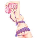  ass blush breasts frills highres large_breasts lingerie long_hair looking_at_viewer original pink_hair purple_eyes see-through sideboob solo underwear zaxwu 