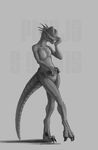  2015 anthro belt breasts claws clothing dinosaur dolphinwarrior female greyscale hat monochrome pinup pose pussy raptor reptile scales scalie simple_background solo 