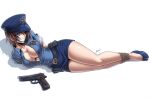  1girl alternate_costume arms_behind_back blue_eyes bound breasts brown_hair cleavage gag gagged gun handgun hat high_heels improvised_gag jill_valentine large_breasts miniskirt pistol police police_hat police_uniform resident_evil resident_evil_3 rope short_hair skirt tape tape_gag tied_up uniform weapon 