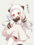  dress fish kantai_collection long_hair mittens motohara_moka northern_ocean_hime panties red_eyes saury shinkaisei-kan solo tears underwear white_hair 