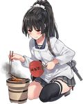  banned_artist black_hair chopsticks cooking fan fish isokaze_(kantai_collection) kantai_collection kappougi lowres official_art paper_fan paseri red_eyes remodel_(kantai_collection) solo thighhighs transparent_background uchiwa 