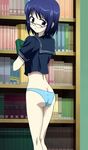  absurdres akane-iro_ni_somaru_saka ass book bookshelf glasses highres looking_at_viewer panties solo underwear 