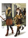  2015 anthro armor blonde_hair boots breasts brown_hair canine civet clothing comic conditional_dnp convention elevator female footwear green_eyes hair hotel kacey looking_at_viewer mammal multicolored_hair nerd pose ringtail simple_background tani_da_real viverrid weapon white_background wolf xena 