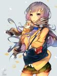  artist_name food food_in_mouth furisode_(pixilvina) hair_ornament highres long_hair looking_at_viewer original pocky pocky_day purple_hair scarf school_uniform silver_hair skirt snowflakes solo 