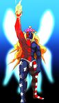  abs american_flag_legwear arm_up armpits blue_skin bulge clownpiece clownpiece_(cosplay) color_connection cosplay detached_collar fire forehead_jewel frilled_shirt_collar frills full_body genderswap genderswap_(ftm) gill green_eyes hat highres jester_cap long_hair male_focus manly multicolored multicolored_skin muscle neck_ruff omi_(a-m-suit) pantyhose pectorals red_skin shirtless solo standing street_fighter street_fighter_iii_(series) striped striped_legwear thong touhou two-tone_skin what 