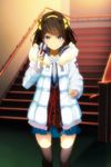  bangs box brown_eyes brown_hair cardigan coat furisode_(pixilvina) highres kita_high_school_uniform parka red_string school_uniform serafuku short_hair solo stairs string suzumiya_haruhi suzumiya_haruhi_no_shoushitsu suzumiya_haruhi_no_yuuutsu thighhighs valentine zettai_ryouiki 