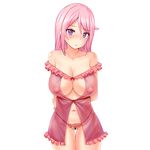  babydoll bar_censor blush breasts censored covered_nipples highres large_breasts long_hair looking_at_viewer navel nipples open_mouth original panties pink_hair pink_panties pubic_hair purple_eyes see-through simple_background solo underwear white_background zaxwu 
