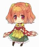  apron bell book checkered chibi hair_bell hair_ornament japanese_clothes lowres motoori_kosuzu red_eyes red_hair sen1986 short_hair smile solo touhou two_side_up wide_sleeves 