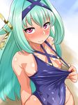  blush breasts green_hair hair_ornament highres long_hair looking_at_viewer mogami_yoshiaki_(sengoku_collection) nipples one-piece_swimsuit purple_eyes r44 sengoku_collection small_breasts solo sweat swimsuit swimsuit_lift wavy_mouth 
