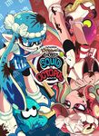  apron blue_hair crossed_arms domino_mask english gashi-gashi geta hachimaki hands_on_hips headband highres ink inkling mask multiple_girls nejiri_hachimaki octarian octoling octopus red_hair sharp_teeth smile splatoon_(series) splatoon_1 squid tabi takozonesu teeth tentacle_hair 