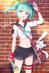  &gt;_&lt; :o adjusting_hair ahoge aqua_hair arm_at_side bad_id bad_pixiv_id badge bag bangs black_skirt brick_wall cat closed_eyes crop_top crop_top_overhang dated fingerless_gloves gloves graffiti green_hair hair_ribbon highres holding holding_paintbrush looking_at_viewer midriff miniskirt mortar n2co navel neckerchief open_mouth original paint paint_splatter paintbrush paper pleated_skirt pouch red_gloves ribbon school_uniform serafuku shirt short_hair short_sleeves shoulder_bag single_glove sketch skirt solo teeth thigh_pouch thigh_strap twintails white_shirt wristband 