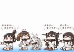  ahoge akagi_(kantai_collection) alternate_costume bare_shoulders black_hair breasts brown_eyes brown_hair closed_eyes cosplay dress hat horns imitating kantai_collection long_hair medium_breasts mittens multiple_girls nagato_(kantai_collection) northern_ocean_hime northern_ocean_hime_(cosplay) open_mouth pale_skin red_eyes ryuujou_(kantai_collection) shinkaisei-kan sitting sleeveless sleeveless_dress tanaka_kusao translated trembling visor_cap white_dress white_hair yamashiro_(kantai_collection) 