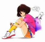  aconitea backpack_(dora_the_explorer) bad_id bad_pixiv_id blush bracelet brown_eyes brown_hair dora_marquez dora_the_explorer full_body jewelry kneehighs leg_hug map_(dora_the_explorer) older pink_shirt plantar_flexion shirt shoes short_hair shorts smile white_background yellow_legwear 