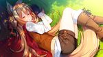  animal_ears black_gloves boots closed_eyes fox_ears fox_girl fox_tail from_above game_cg gloves grass hairband hands_together legs_together long_hair lying orange_ribbon ribbon rico_terra short_sleeves shorts sleeping solo tail tou_no_shita_no_exercitus 