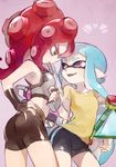  ass at_gunpoint bike_shorts blue_hair breasts domino_mask eyebrows fang fingerless_gloves gloves green_eyes gun gun_to_head hand_on_hip height_difference holding holding_weapon inkling long_hair mask mask_removed medium_breasts mexican_standoff midriff multiple_girls n-zap_(splatoon) octarian octoshot_(splatoon) pink_eyes pointy_ears red_hair small_breasts soto splat_bomb_(splatoon) splatoon_(series) splatoon_1 takozonesu tentacle_hair thick_eyebrows weapon wedgie 