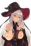  bare_shoulders black_bow black_hat bow breasts breasts_outside brown_eyes detached_sleeves duoyuanjun granblue_fantasy hair_between_eyes hair_bow hand_on_own_chest hat highres inverted_nipples jpeg_artifacts large_breasts long_hair looking_at_viewer magisa_(granblue_fantasy) nipples parted_lips silver_hair simple_background smile solo very_long_hair white_background witch_hat 