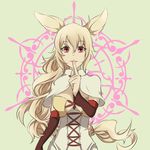  absurdres ahoge animal_ears bad_id bad_pixiv_id blonde_hair braid breasts bunny_ears capelet cleavage hair_ornament highres joyce large_breasts long_hair looking_at_viewer nachetanya_loei_piena_augustra red_eyes rokka_no_yuusha simple_background smile solo thighhighs 