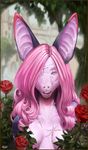  bat castle crystal eye_patch eyewear flower fur garden hair lipstick looking_at_viewer mammal nyxis pink_fur pink_hair plant rose shark-dragon tree 