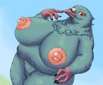  anthro avian big_breasts bird breasts bubonikku female fur green_fur kemono obese overweight pigeon red_eyes solo yellow_sclera 