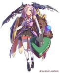  backpack bag blue_eyes blue_hair dual_wielding elbow_gloves fusion gloves holding long_hair mataichi_mataro multi_sander_(ole_tower) multicolored_hair ole_tower pink_hair scythe shield simple_background solo thighhighs two-tone_hair 