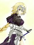  akashiro_sen armor armored_dress blonde_hair braid capelet commentary_request fate/apocrypha fate_(series) faulds gauntlets headpiece jeanne_d'arc_(fate) jeanne_d'arc_(fate)_(all) long_hair looking_at_viewer purple_eyes single_braid smile solo sword type-moon weapon 
