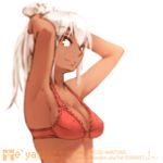  adjusting_hair armpits arms_up bra breasts cleavage light_smile long_hair medium_breasts red_bra sansei_muramasa simple_background smile solo soukou_akki_muramasa underwear upper_body white_background white_hair yan_wan 