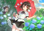  ama-tou belt black_hair black_wings brown_hair cellphone checkered checkered_skirt cloud day dutch_angle flower hat himekaidou_hatate hydrangea long_hair looking_at_another looking_to_the_side multiple_girls nature necktie open_mouth phone pom_pom_(clothes) puffy_sleeves rain rainbow red_eyes ribbon shameimaru_aya shirt short_hair short_sleeves skirt string tokin_hat touhou tree twintails umbrella wings 
