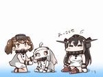  ahoge alternate_costume bare_shoulders black_hair breasts brown_eyes brown_hair closed_eyes cosplay dress hat horns kantai_collection long_hair medium_breasts mittens multiple_girls nagato_(kantai_collection) northern_ocean_hime northern_ocean_hime_(cosplay) open_mouth pale_skin red_eyes ryuujou_(kantai_collection) shinkaisei-kan sitting sleeveless sleeveless_dress tanaka_kusao translated visor_cap white_dress white_hair white_skin 