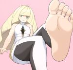  1girl barefoot blonde_hair creatures_(company) feet game_freak green_eyes legs_crossed long_hair looking_at_viewer lusamine_(pokemon) nintendo pokemon pokemon_(game) pokemon_sm pov pov_feet sitting smile soles toes yatani_(do9z) 