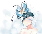  absurdres bad_id bad_pixiv_id blue_eyes breasts closed_mouth eyepatch flamie_speeddraw flower hair_flower hair_ornament hairband highres hzw3 looking_at_viewer medium_breasts nude portrait rokka_no_yuusha short_hair signature simple_background smile solo white_hair 
