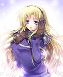  blonde_hair blue_eyes brown_gloves commentary_request gloves headphones hino_(mooncalf+t) long_hair open_mouth scarf smile solo upper_body winter_clothes 