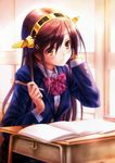  absurdres book brown_eyes brown_hair desk goto_p hair_ornament hairclip haruna_(kantai_collection) highres kantai_collection long_hair pencil school_desk school_uniform solo 