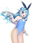 ;d animal_ears bare_shoulders blue_hair blush breasts bunny_ears bunny_girl bunny_tail bunnysuit covered_navel detached_collar fishnet_pantyhose fishnets hair_intakes hair_ornament highres kashiwamochi_yomogi long_hair looking_at_viewer mogami_yoshiaki_(sengoku_collection) one_eye_closed open_mouth pantyhose red_eyes ribbon sengoku_collection simple_background small_breasts smile solo tail very_long_hair white_background wrist_cuffs 
