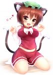  alternate_breast_size animal_ears breasts brown_eyes brown_hair cat_ears cat_tail chen fangs kane-neko multiple_tails oppai_loli short_hair solo tail thighs touhou 