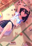  1girl ball barefoot black_hair blush box female hanafuda harmonica instrument loli lying midriff navel nukoko_(akumagansyakudairi) original plaid purple_eyes short_hair skirt solo sweat tartan 