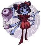  anthro arachnid arthropod black_eyes black_hair blue_skin clothing cubewatermelon dress fangs female hair hair_bow muffet noseless smile solo spider spider_web tea_cup tea_pot undertale 