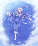  blue_dress blush character_request cloud cloudy_sky commentary_request copyright_request dress hat hat_removed headwear_removed hino_(mooncalf+t) long_hair partially_submerged purple_eyes reflection silver_hair sky smile solo water 