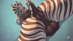  2015 anthro anus backsack balls blush butt dutch_angle equine hi_res looking_at_viewer looking_back low-angle_shot lying male mammal nude on_front presenting presenting_hindquarters raised_tail rajii rear_view solo stripes zebra 
