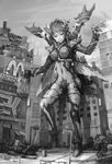  destruction female giant hybrid insectoid looking_at_viewer mcdonald&#039;s monochrome monster monster_girl unknown_artist 
