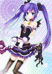  aqua_eyes armlet bare_shoulders bat_wings bell bell_collar black_legwear blush bow cat collar collarbone commentary_request dress frilled_dress frilled_skirt frills garter_straps gloves hair_bow hino_(mooncalf+t) magical_girl original purple_hair skirt smile solo staff thighhighs twintails white_gloves wings 